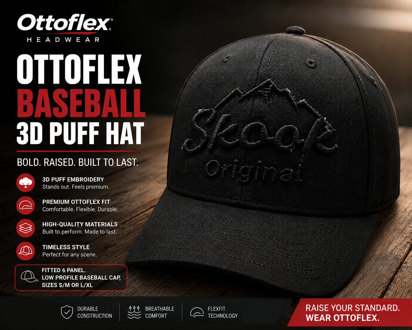 Skook Original ii Black on Black OttoFlex 3D Puff Embroidered Low Profile Baseball Cap